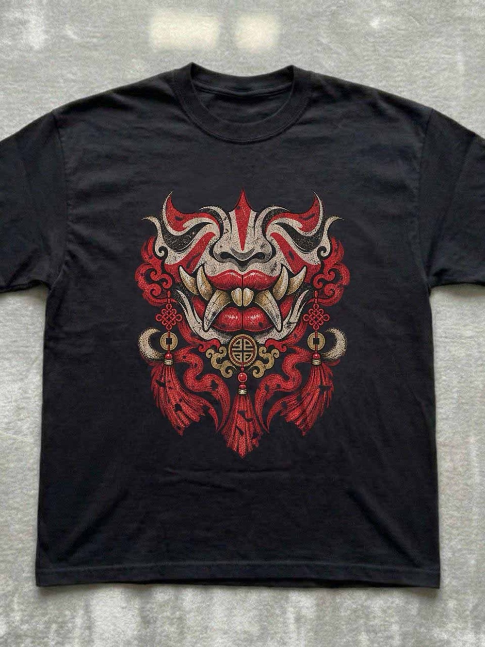 Gildan Black Tee with Red and Gold Oni Mask Graphic
